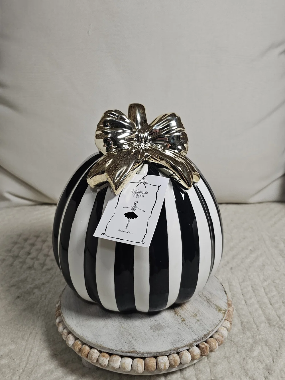 Black and White Striped Decorative Pumpkin with Gold Bow 8